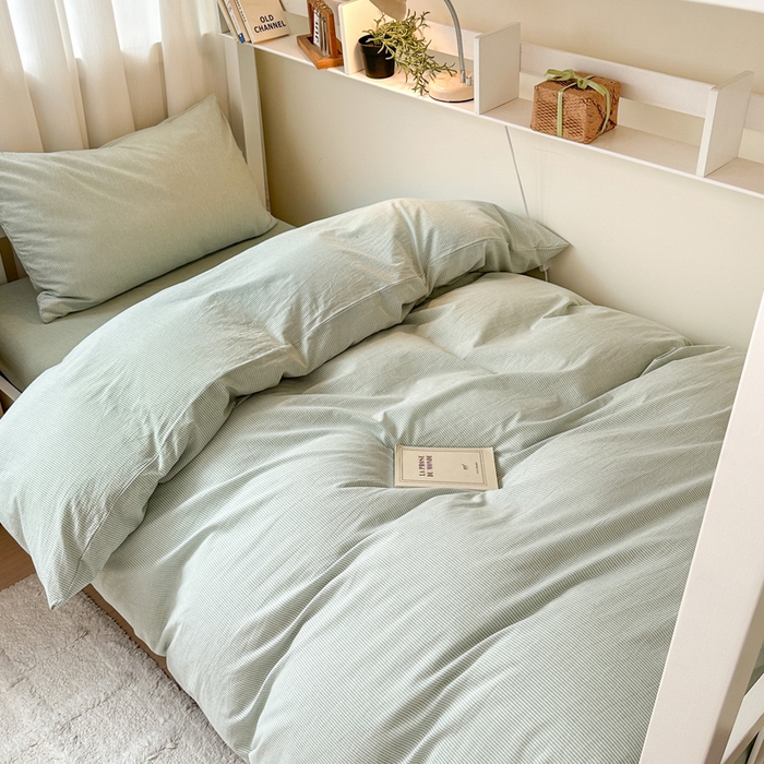 91家纺网 家纺一手货源 找家纺 玖弘家居 2024新款全棉色织水洗棉学生三件套四件套床垫套系列 绿密条