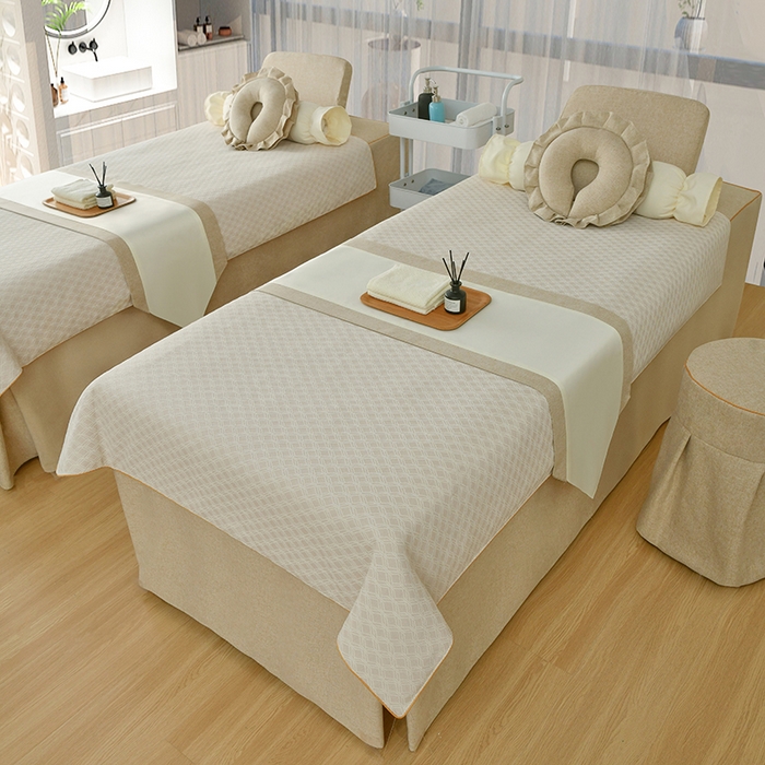 91家纺网 家纺一手货源 找家纺 莉人坊美容床罩批发 2024新款锦绣贝壳麻美容床罩系列 锦绣贝壳麻拼驼色