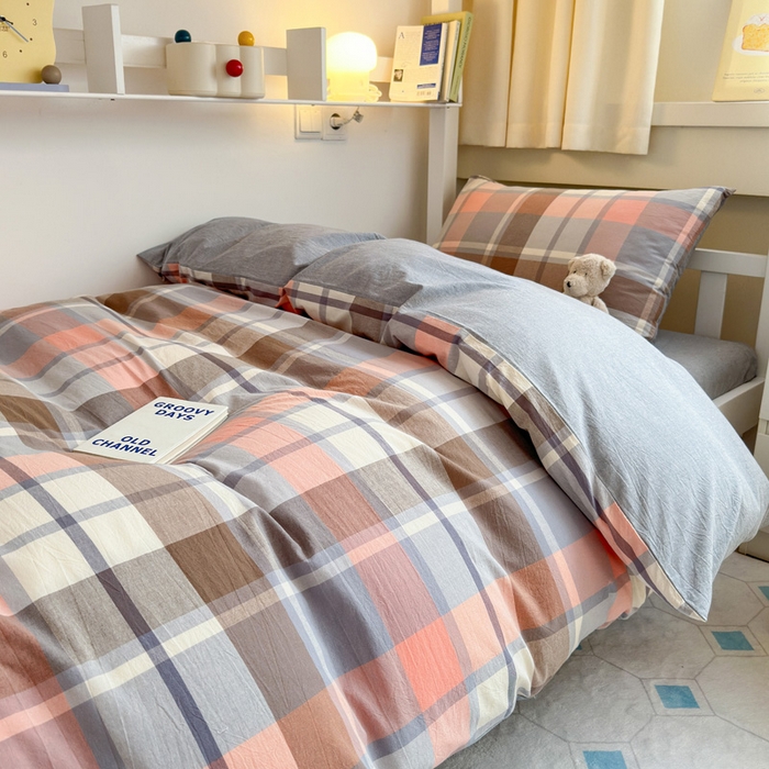 91家纺网 家纺一手货源 找家纺 玖弘家居 2024新款全棉色织水洗棉学生三件套四件套床垫套系列 库里灰