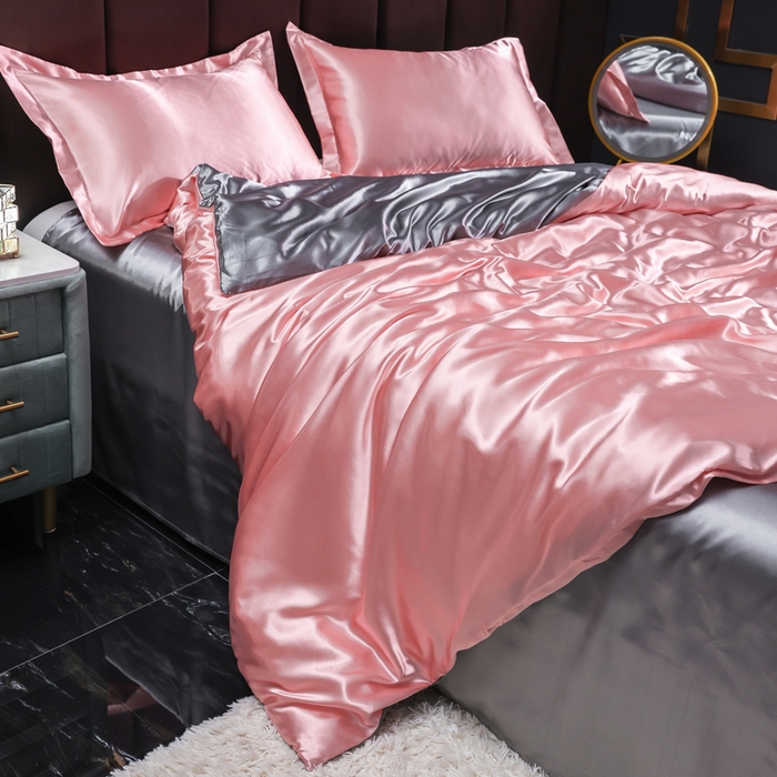 91家纺网 家纺一手货源 找家纺 莱越家纺 纯色网红款双面冰丝四件套夏季凉感丝真丝被套床单三件套床上用品 粉玉银灰