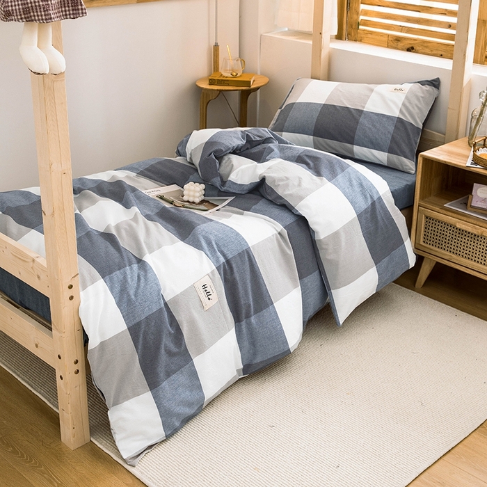 91家纺网 家纺一手货源 找家纺 柠萌家居 2025新款无印良品风A类色织水洗棉全棉学生宿舍三件套床垫套三件套 蓝大格