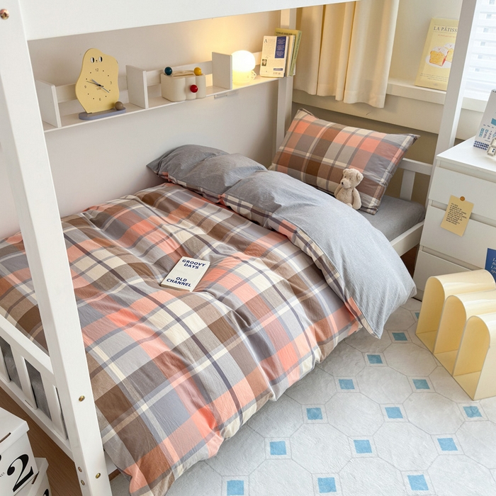 91家纺网 家纺一手货源 找家纺 玖弘家居 2024新款全棉色织水洗棉学生三件套四件套床垫套系列 库里灰