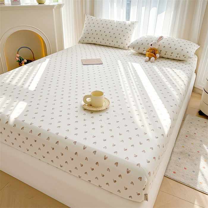 91家纺网 家纺一手货源 找家纺 雯豆家纺 2024新品小清新印花全棉纯棉双层纱床笠三件套 全棉双层纱床笠-奥利