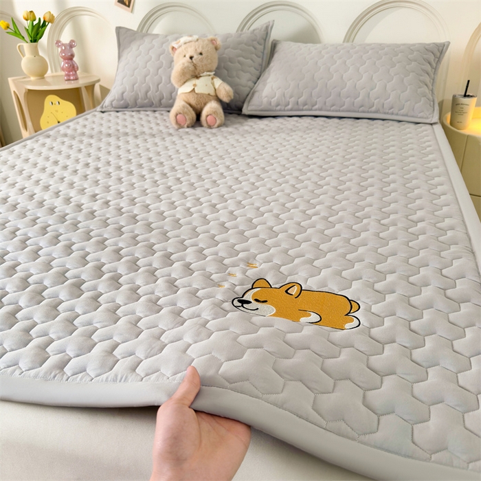 91家纺网 家纺一手货源 找家纺 雯豆家纺 2024新品刺绣绣花柯基加厚床褥床垫床护垫 床褥款柯基-月岩灰