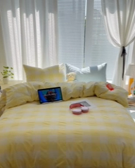 91家纺网 家纺一手货源 找家纺 六巷胡同 2024新款全棉INS少女心马卡龙格子混搭四件套 混搭柠檬黄大格