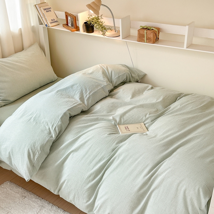 91家纺网 家纺一手货源 找家纺 玖弘家居 2024新款全棉色织水洗棉学生三件套四件套床垫套系列 绿密条