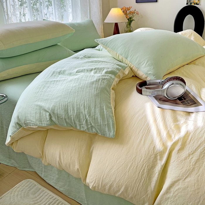 91家纺网 家纺一手货源 找家纺 （总）韩巢家纺 2024新款ins风超柔褶皱亲肤水洗棉四件套 -纯色双拼系列（提供卖家秀）