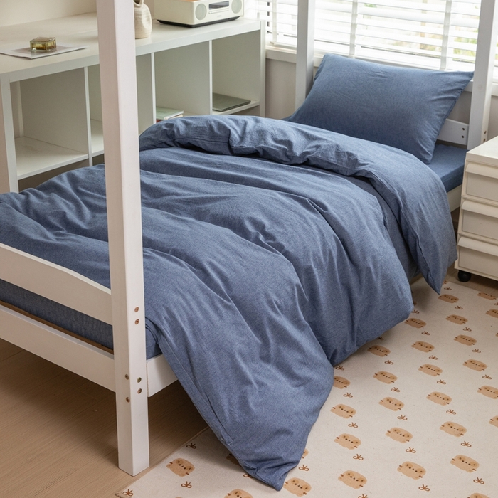 91家纺网 家纺一手货源 找家纺 柠萌家居 2025新款无印良品风A类色织水洗棉全棉学生宿舍三件套床垫套三件套 牛仔蓝