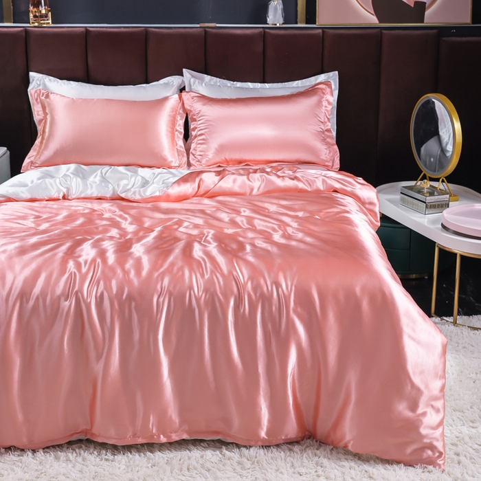 91家纺网 家纺一手货源 找家纺 莱越家纺 纯色网红款双面冰丝四件套夏季凉感丝真丝被套床单三件套床上用品 粉玉白