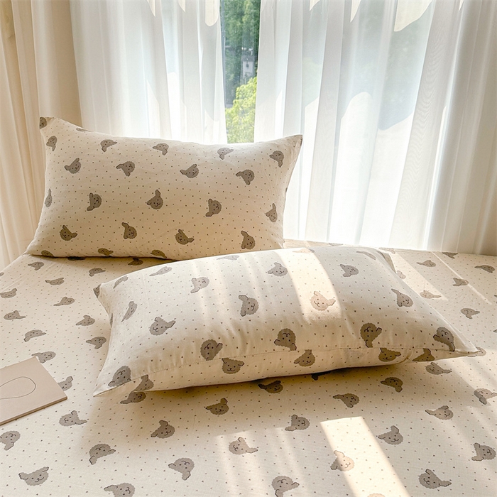 91家纺网 家纺一手货源 找家纺 雯豆家纺 2024新品小清新印花全棉纯棉双层纱床笠三件套 全棉双层纱床笠-小狗迪西