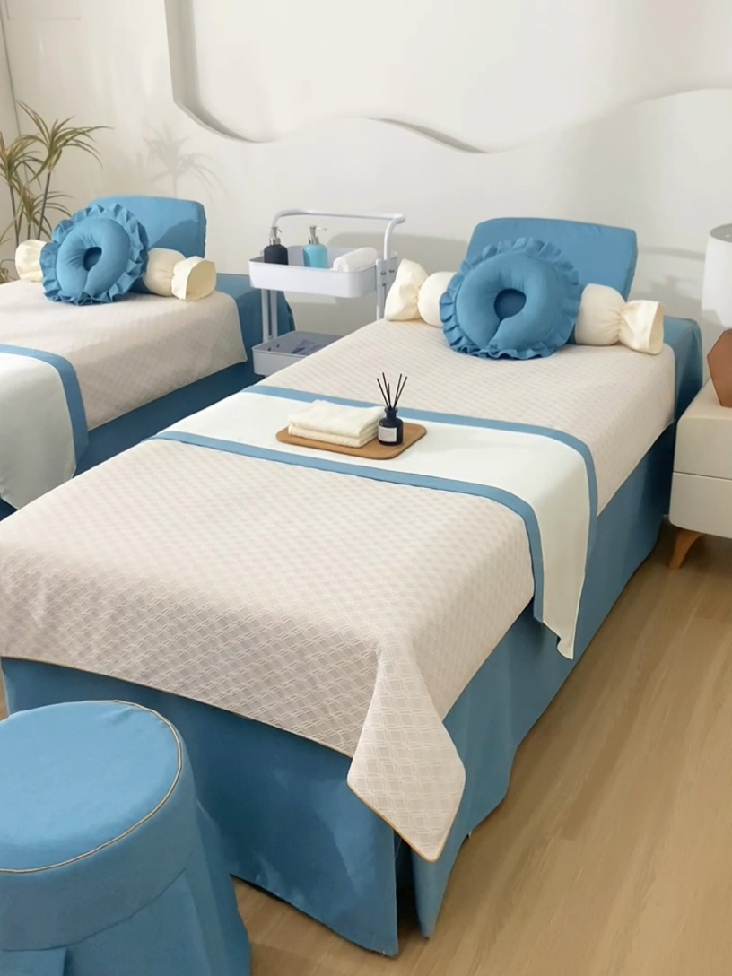 91家纺网 家纺一手货源 找家纺 莉人坊美容床罩批发 2024新款锦绣贝壳麻美容床罩系列 锦绣贝壳麻拼湖蓝