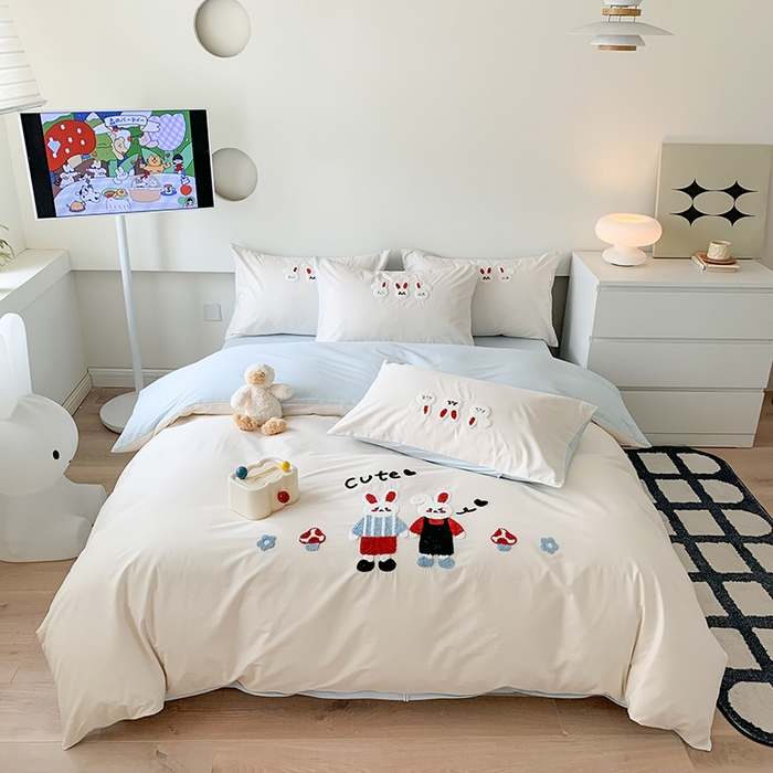 91家纺网 家纺一手货源 找家纺 2024新款全棉40S水洗棉毛巾绣工艺四件套 兔兔酱