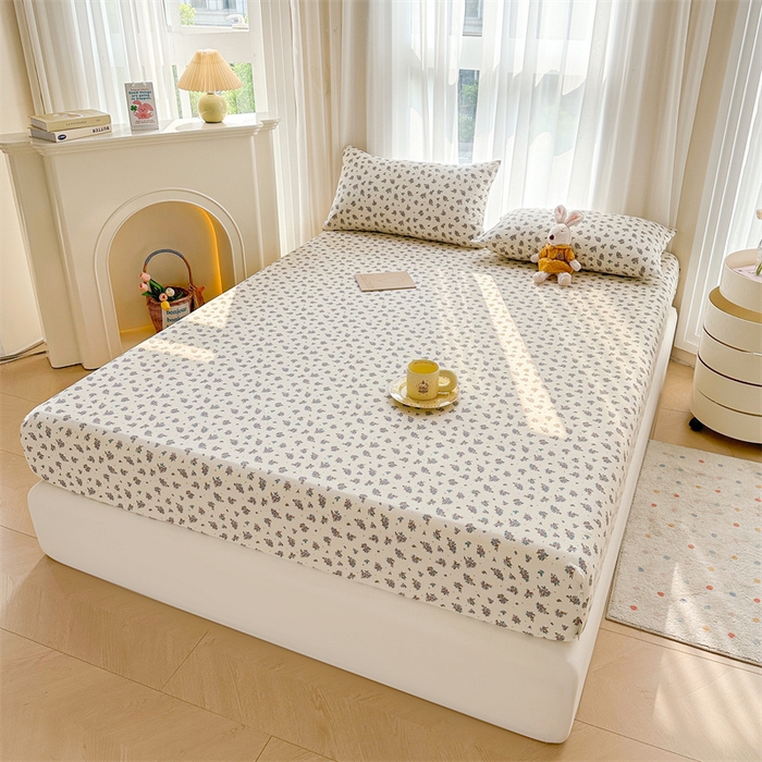 91家纺网 家纺一手货源 找家纺 雯豆家纺 2024新品小清新印花全棉纯棉双层纱床笠三件套 全棉双层纱床笠-邂逅