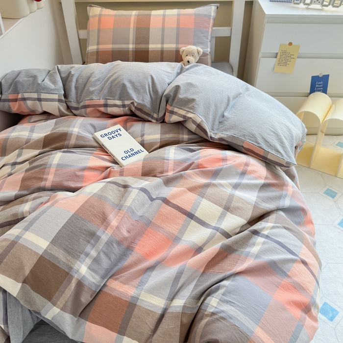 91家纺网 家纺一手货源 找家纺 玖弘家居 2024新款全棉色织水洗棉学生三件套四件套床垫套系列 库里灰