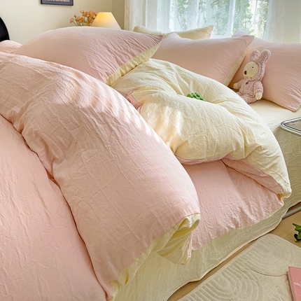 91家纺网 家纺一手货源 找家纺 （总）韩巢家纺 2024新款ins风超柔褶皱亲肤水洗棉四件套 -纯色双拼系列（提供卖家秀）