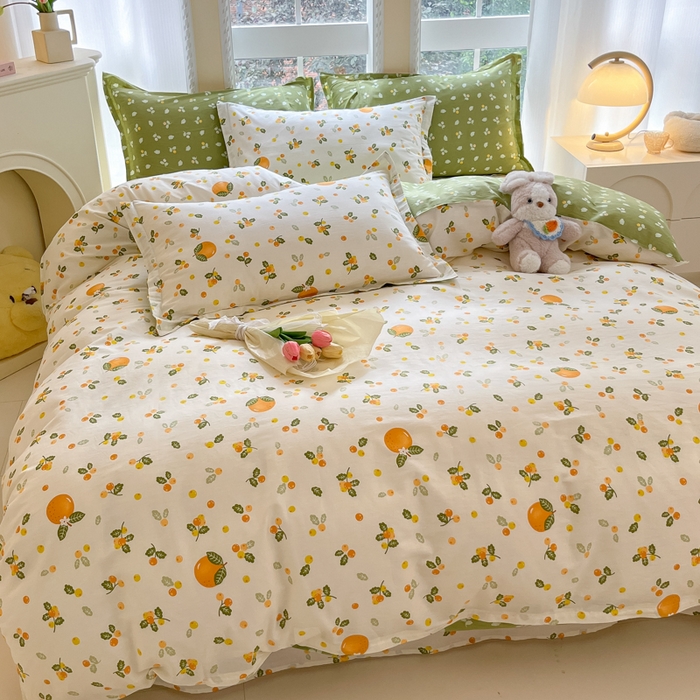 91家纺网 家纺一手货源 找家纺 铭成家纺 2024新款新疆棉喷气印花小清新系列四件套砂糖橘