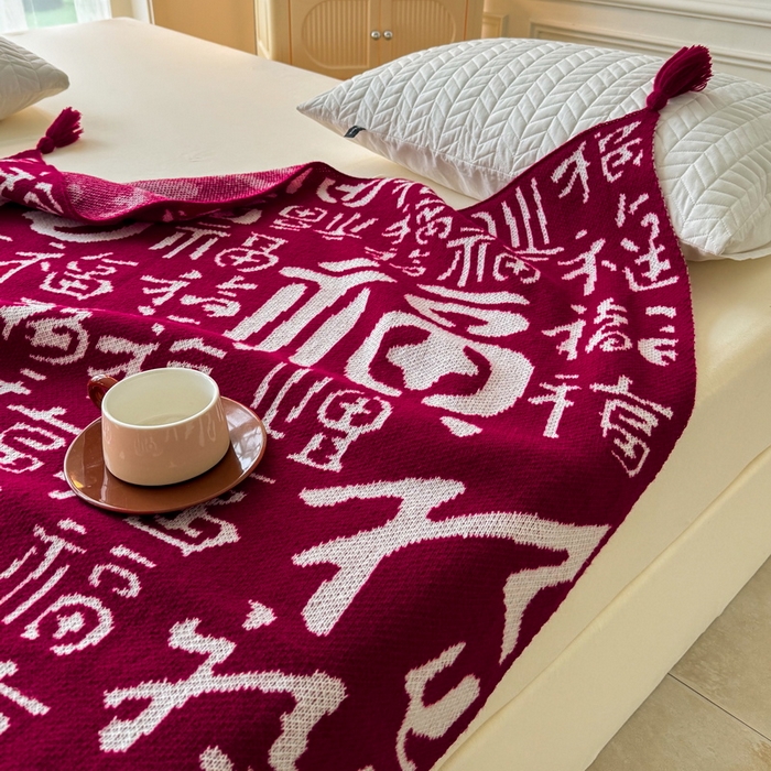 91家纺网 家纺一手货源 找家纺 苏艺针织盖毯 2024新款新中式福字盖毯沙发毯 针织福字-大福（红）