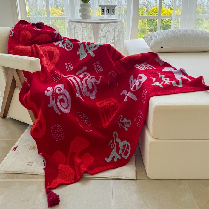 91家纺网 家纺一手货源 找家纺 苏艺针织盖毯 2024新款新中式福字盖毯沙发毯 针织福字-百福