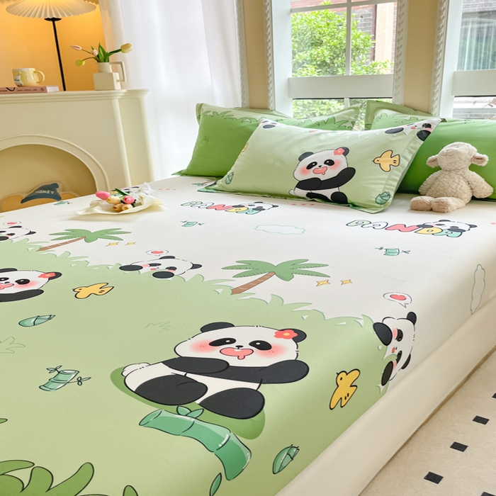 91家纺网 家纺一手货源 找家纺 铭成家纺 2024新款新疆棉喷气印花小清新系列单床笠快乐熊猫