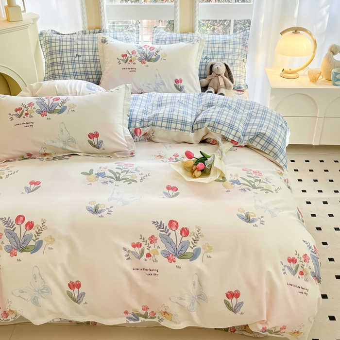 91家纺网 家纺一手货源 找家纺 铭成家纺 2024新款新疆棉喷气印花小清新系列四件套幻蝶兔