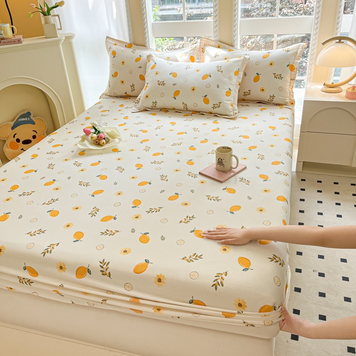 91家纺网 家纺一手货源 找家纺 铭成家纺 2024新款新疆棉喷气印花小清新系列单床笠一颗柠檬