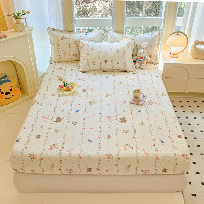 91家纺网 家纺一手货源 找家纺 铭成家纺 2024新款新疆棉喷气印花小清新系列单床笠小兔园