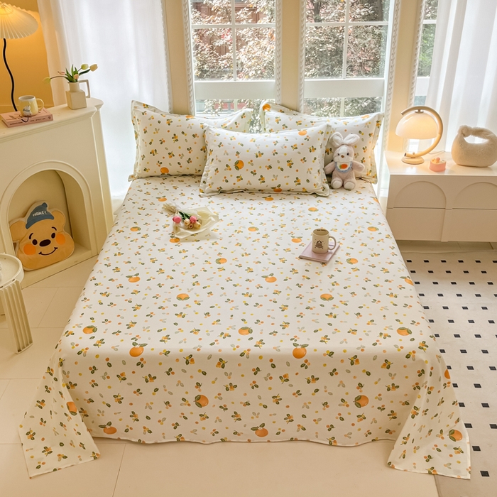91家纺网 家纺一手货源 找家纺 铭成家纺 2024新款新疆棉喷气印花小清新系列单床单砂糖橘