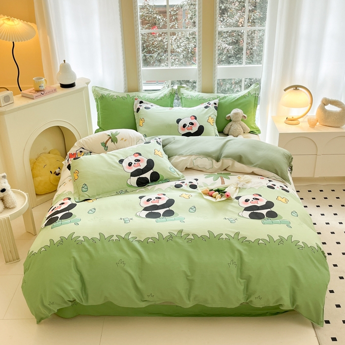 91家纺网 家纺一手货源 找家纺 铭成家纺 2024新款新疆棉喷气印花小清新系列单被套快乐熊猫