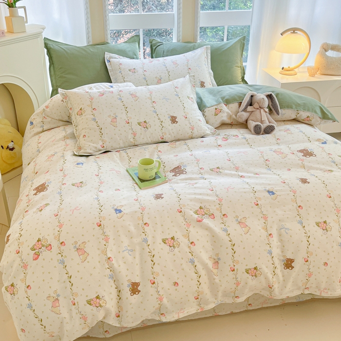 91家纺网 家纺一手货源 找家纺 铭成家纺 2024新款新疆棉喷气印花小清新系列四件套小兔园