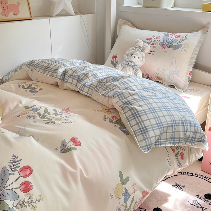 91家纺网 家纺一手货源 找家纺 2024新款全棉印花三件套学生宿舍床三件套上下铺床单被套 幻蝶兔