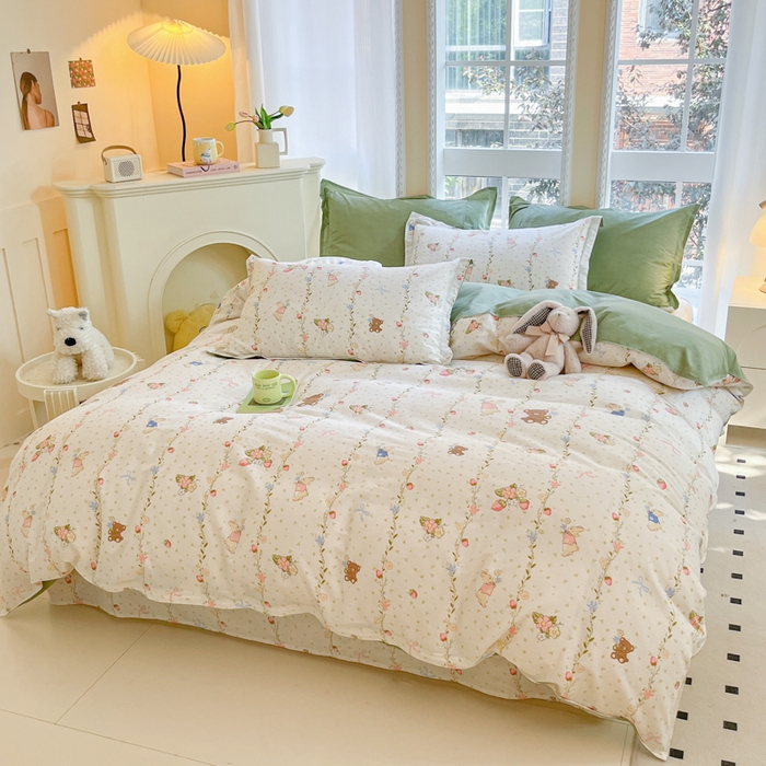 91家纺网 家纺一手货源 找家纺 铭成家纺 2024新款新疆棉喷气印花小清新系列四件套小兔园