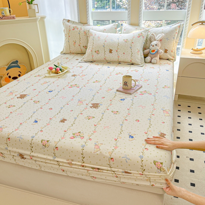 91家纺网 家纺一手货源 找家纺 铭成家纺 2024新款新疆棉喷气印花小清新系列单床笠小兔园