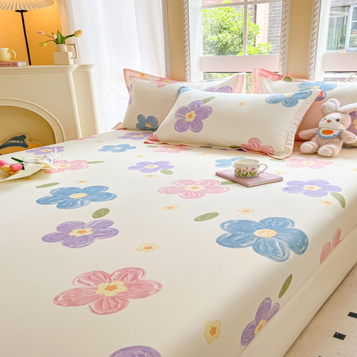 91家纺网 家纺一手货源 找家纺 铭成家纺 2024新款新疆棉喷气印花小清新系列单床笠茉晓