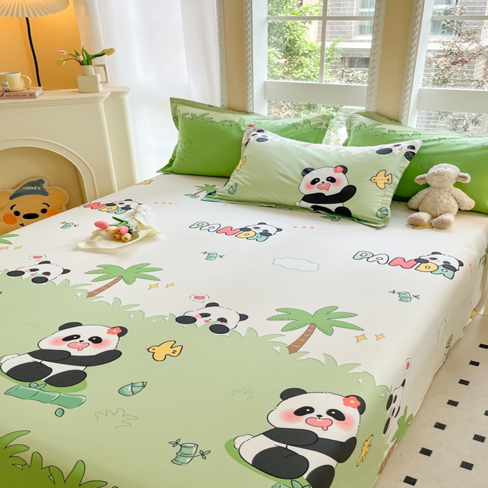 91家纺网 家纺一手货源 找家纺 铭成家纺 2024新款新疆棉喷气印花小清新系列单床单快乐熊猫