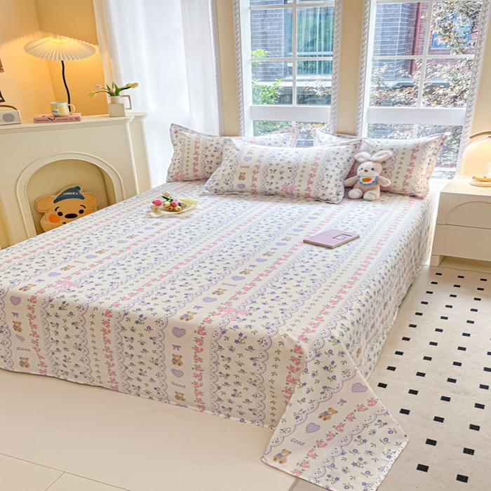 91家纺网 家纺一手货源 找家纺 铭成家纺 2024新款新疆棉喷气印花小清新系列单床单半蕾