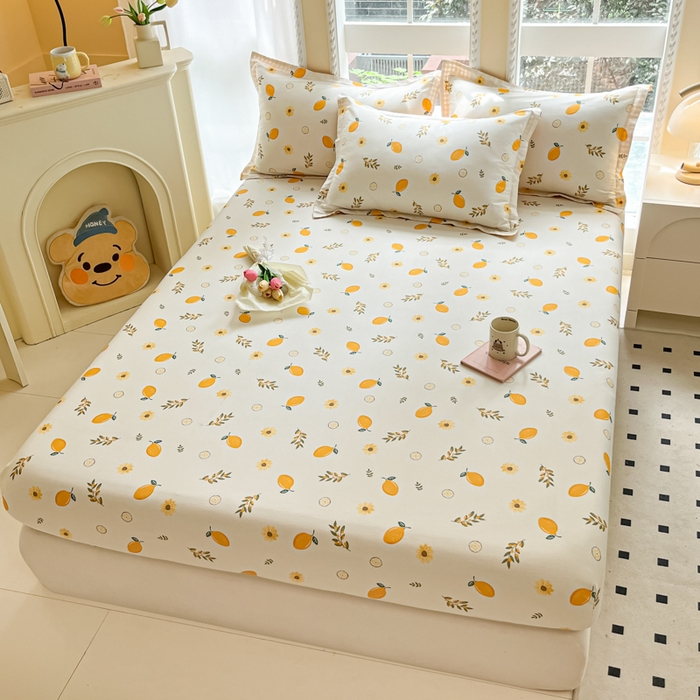 91家纺网 家纺一手货源 找家纺 铭成家纺 2024新款新疆棉喷气印花小清新系列单床笠一颗柠檬