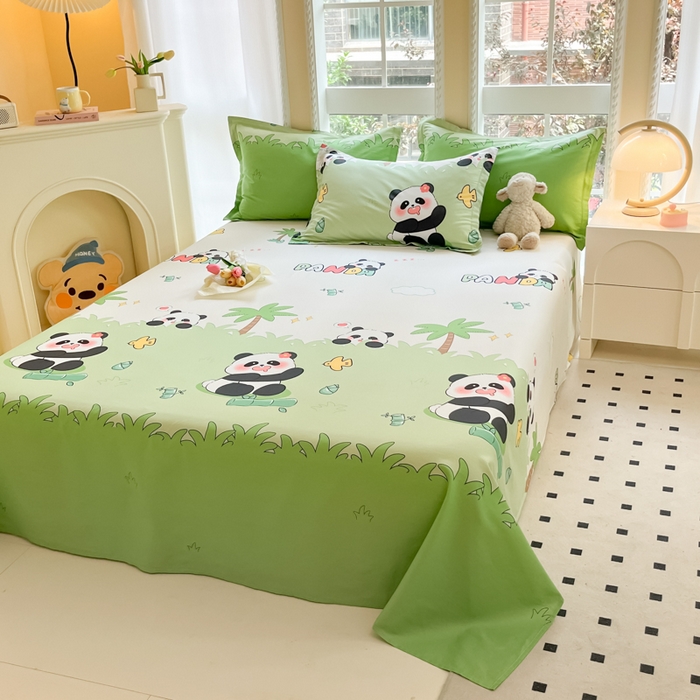 91家纺网 家纺一手货源 找家纺 铭成家纺 2024新款新疆棉喷气印花小清新系列单床单快乐熊猫