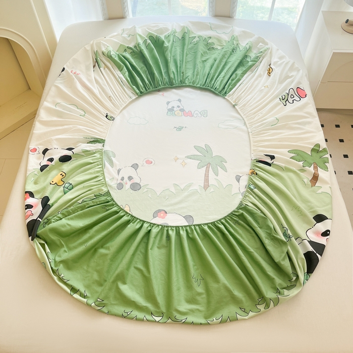 91家纺网 家纺一手货源 找家纺 铭成家纺 2024新款新疆棉喷气印花小清新系列单床笠快乐熊猫