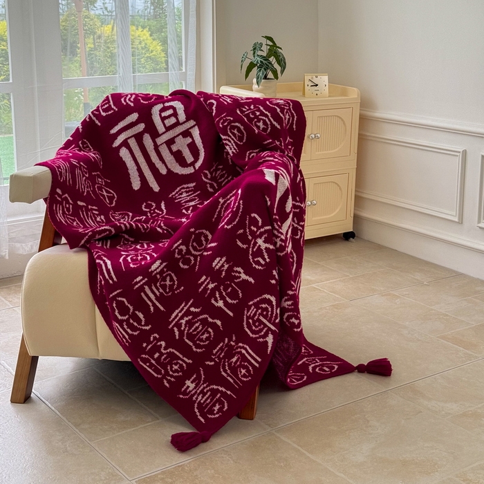 91家纺网 家纺一手货源 找家纺 苏艺针织盖毯 2024新款新中式福字盖毯沙发毯 针织福字-多福（红）