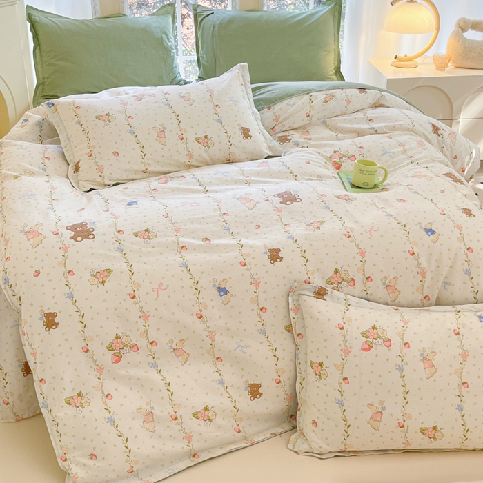 91家纺网 家纺一手货源 找家纺 铭成家纺 2024新款新疆棉喷气印花小清新系列四件套小兔园