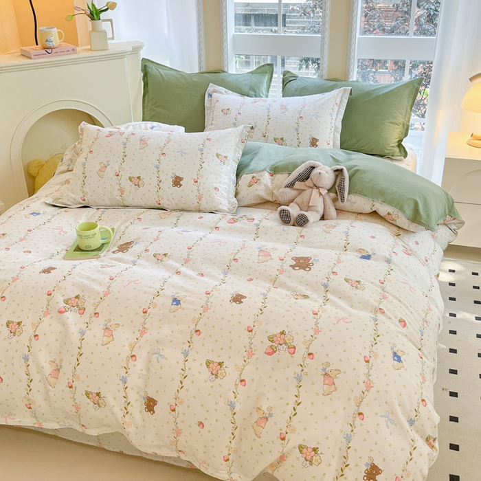 91家纺网 家纺一手货源 找家纺 铭成家纺 2024新款新疆棉喷气印花小清新系列单被套小兔园