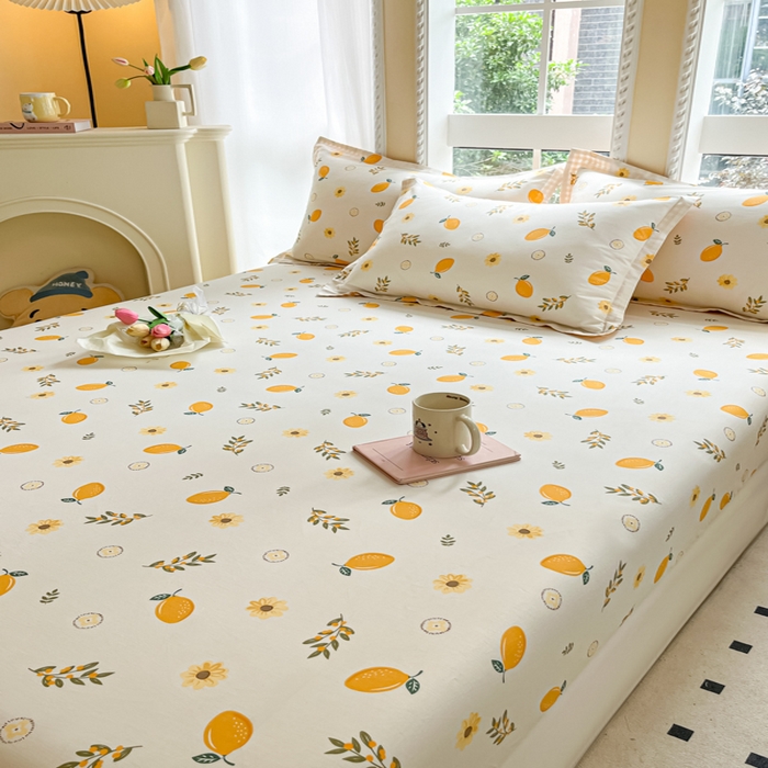 91家纺网 家纺一手货源 找家纺 铭成家纺 2024新款新疆棉喷气印花小清新系列单床笠一颗柠檬