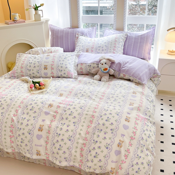 91家纺网 家纺一手货源 找家纺 铭成家纺 2024新款新疆棉喷气印花小清新系列四件套半蕾