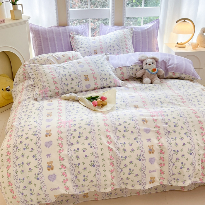 91家纺网 家纺一手货源 找家纺 铭成家纺 2024新款新疆棉喷气印花小清新系列四件套半蕾