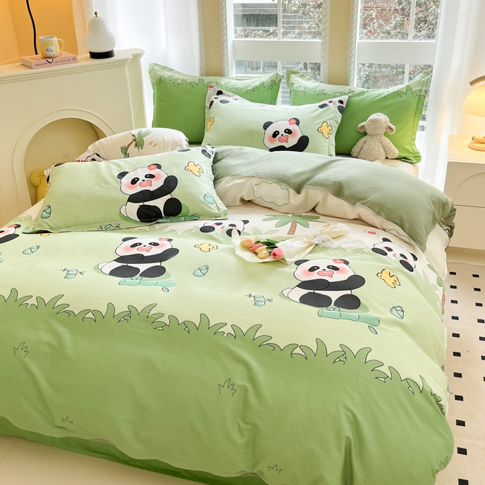 91家纺网 家纺一手货源 找家纺 铭成家纺 2024新款新疆棉喷气印花小清新系列单被套快乐熊猫