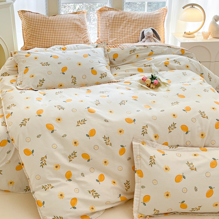 91家纺网 家纺一手货源 找家纺 铭成家纺 2024新款新疆棉喷气印花小清新系列四件套一颗柠檬