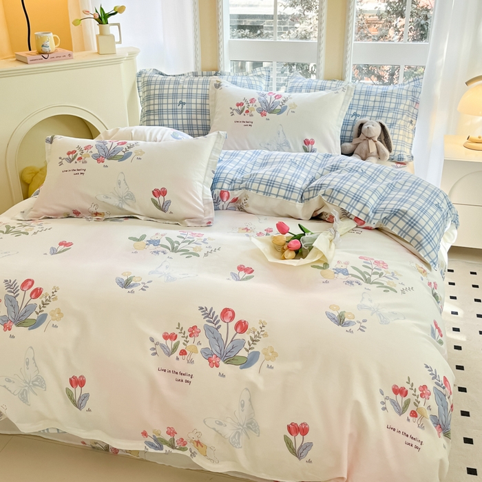 91家纺网 家纺一手货源 找家纺 铭成家纺 2024新款新疆棉喷气印花小清新系列四件套幻蝶兔