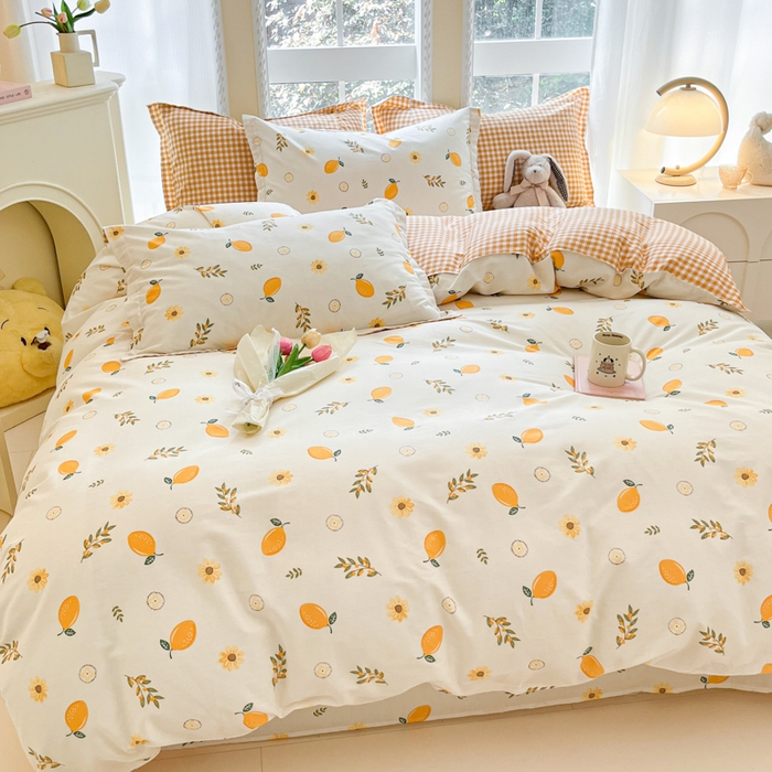 91家纺网 家纺一手货源 找家纺 铭成家纺 2024新款新疆棉喷气印花小清新系列四件套一颗柠檬