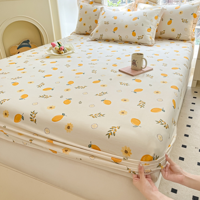 91家纺网 家纺一手货源 找家纺 铭成家纺 2024新款新疆棉喷气印花小清新系列单床笠一颗柠檬