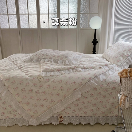 91家纺网 家纺一手货源 找家纺 佰织鑫家居（会员-5元） 2024新款繁花系列全棉砂洗棉花床盖款春秋被四件套 莫奈粉